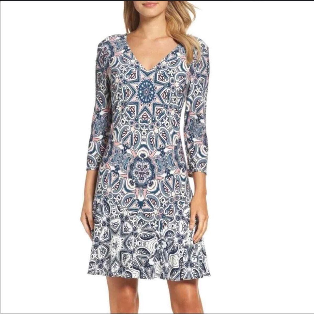 Eliza J Paisley Patterned Jersey Knit Dress 12 Blue A Line Party Vacation